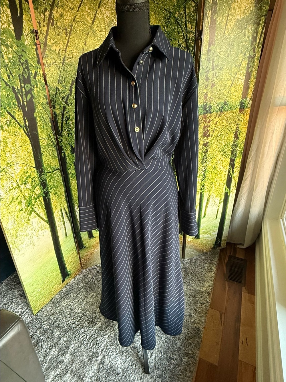 Halston Navy Pinstripe Twist Front Shirt Dress Career Office Midi Size 6